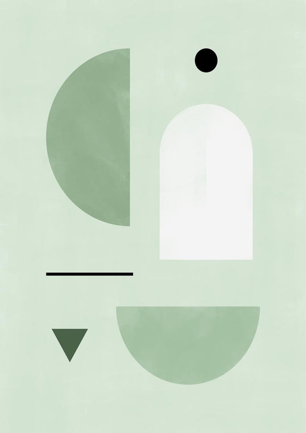 Abstract geometric shapes in soft green, white, and black tones showcase a soothing pastel color palette.