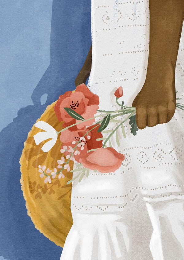 Illustration of a person in a white dress holding a bouquet and straw hat, with a blue background.