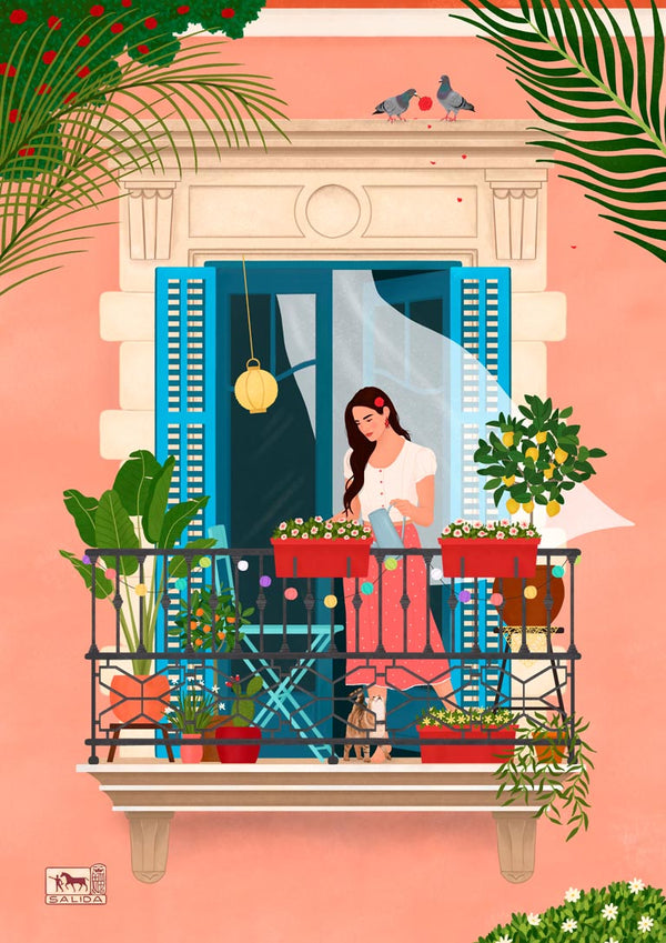 Illustration of a woman on a plant-filled balcony with blue shutters, inspired by Barcelona, by Petra Holikova.