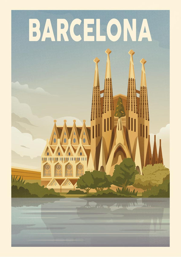 Illustration of Sagrada Família with "Barcelona" text, promoting travel to the city.