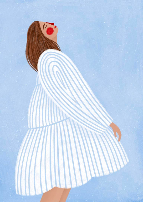 Illustration of a woman in a white dress with blue stripes against a light blue background, from "The Woman With the Blue Stripes."