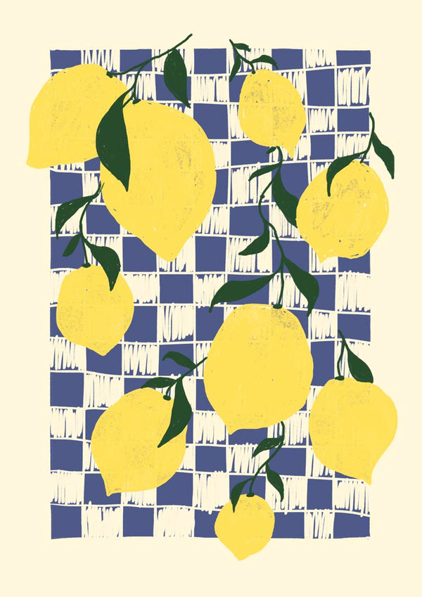 Illustration of fresh lemons with green leaves against a blue and white checkered background.