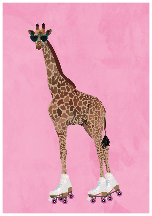 Illustration of a giraffe wearing sunglasses and white roller skates on a pink background.