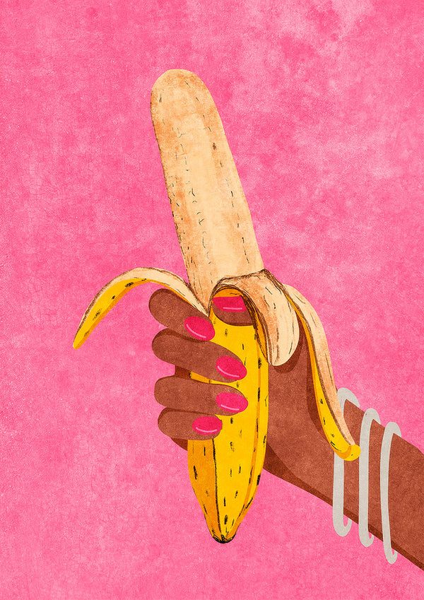 Illustration of a hand holding a half-peeled banana against a pink background, from Banana by Raissa Oltmanns.