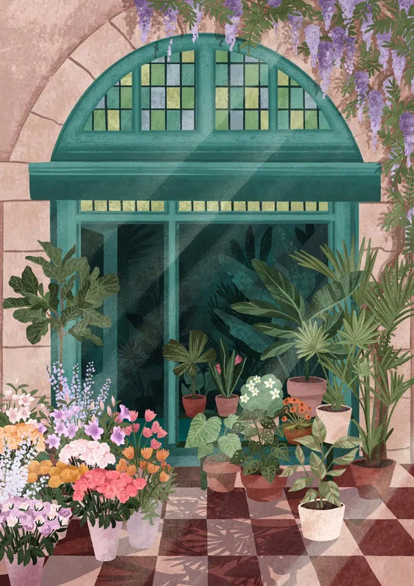 Sunlit shop entrance with stained glass window, lush green plants, and colorful potted flowers on tiled floor.