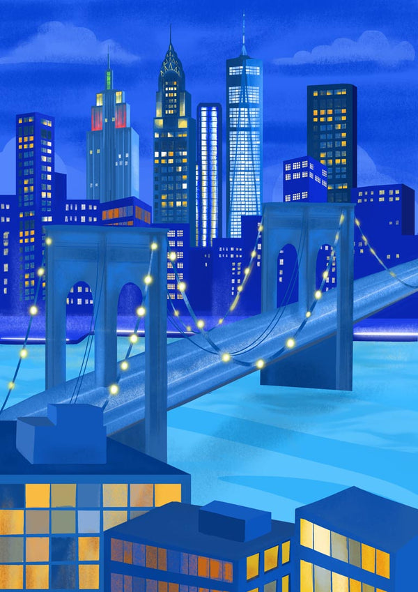 Colorful illustration of New York City skyline and bridge at night, artwork by Petra Lizde.