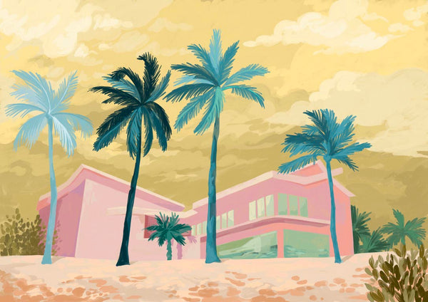 Illustration of a modern pink house with large windows and palm trees, under a yellow sky, from Goed Blauw.
