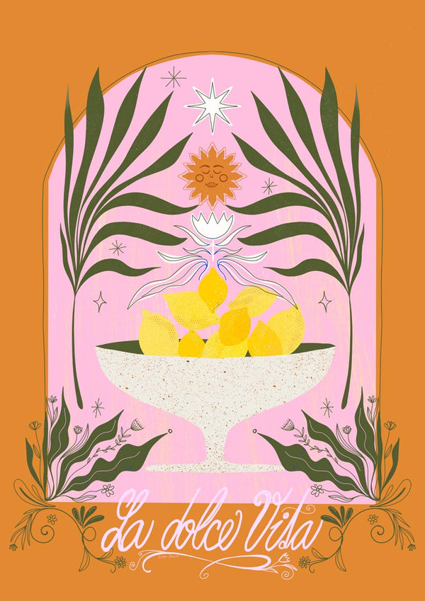 Illustration of vibrant lemons in a bowl with botanical accents, labeled "La Dolce Vita Lemons - Baroo Bloom."