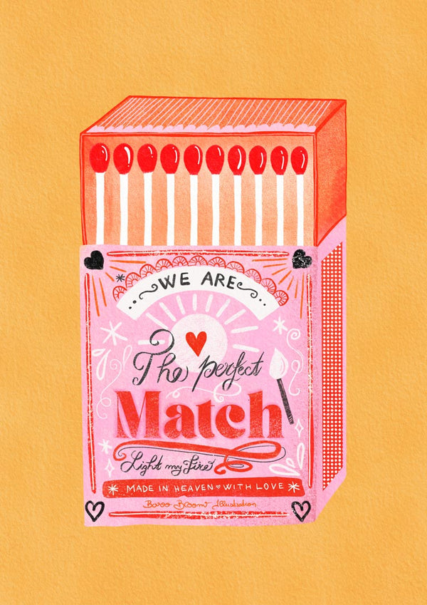 Illustrated matchbox labeled "The Perfect Match" with hearts, shown on orange background for Baroo Bloom product.
