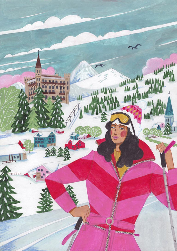 Illustration of a woman skiing in a vibrant winter landscape with mountains, trees, and festive buildings.