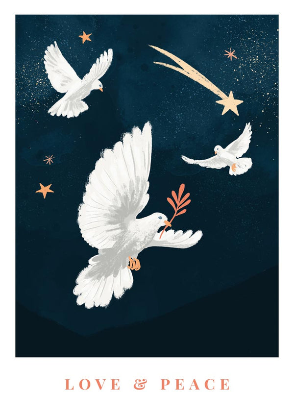Three white doves with olive branches and golden stars on a dark blue background. Text: "LOVE & PEACE."