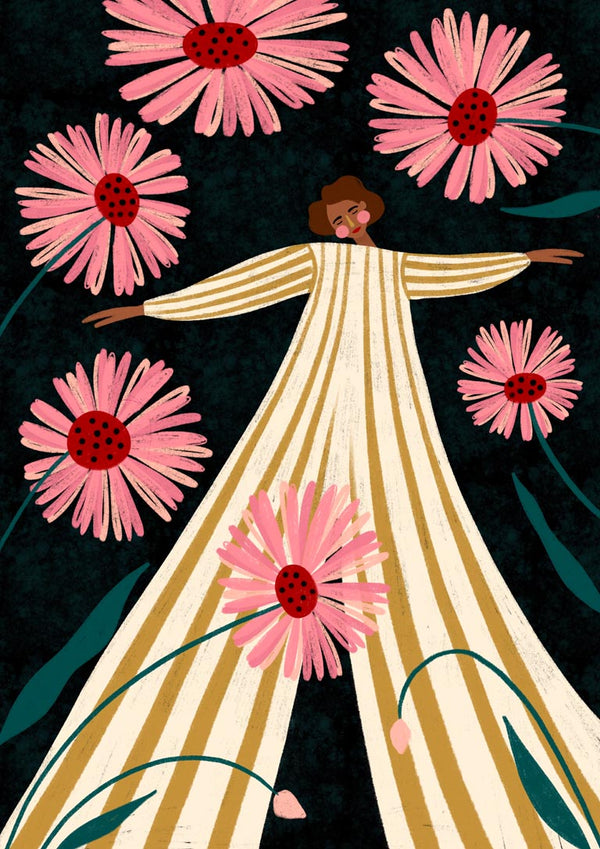 Illustration of a woman in a striped dress surrounded by large pink flowers for Rise Up by Bea Muller.