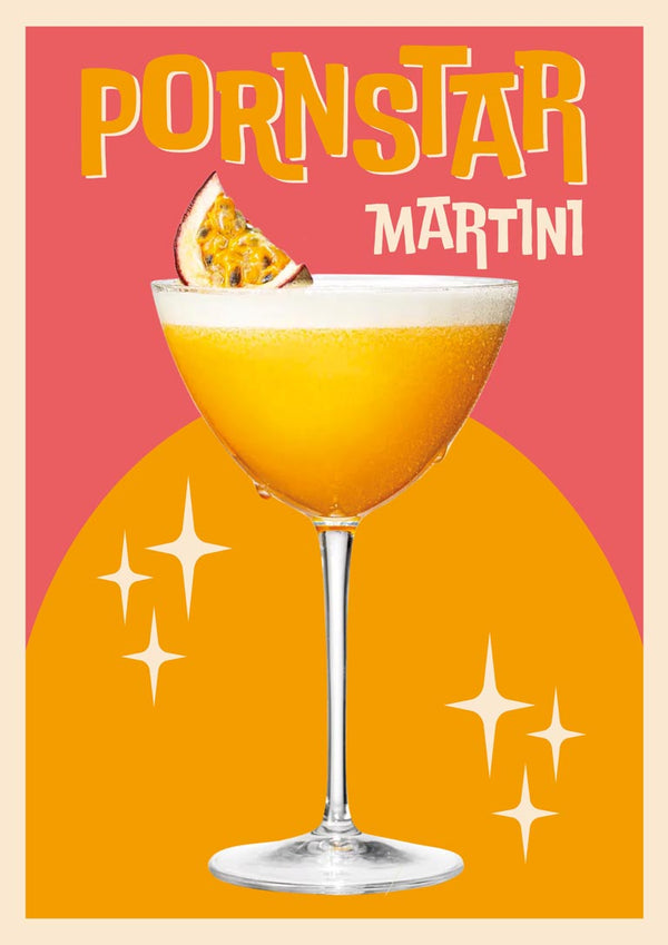 Colorful wallchart featuring a Pornstar Martini cocktail in a glass with passionfruit garnish and decorative stars.