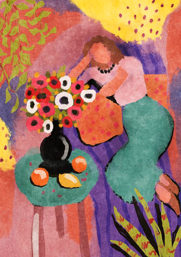 Abstract woman in green skirt rests beside table with vase of flowers and fruit. Home sweet home, Raissa Oltmanns.
