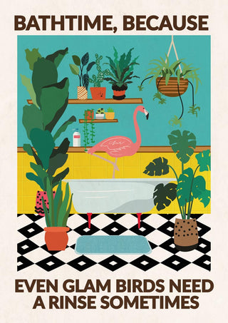 Colorful wallchart with a pink flamingo in a stylish bathroom, surrounded by plants and bathtime items.