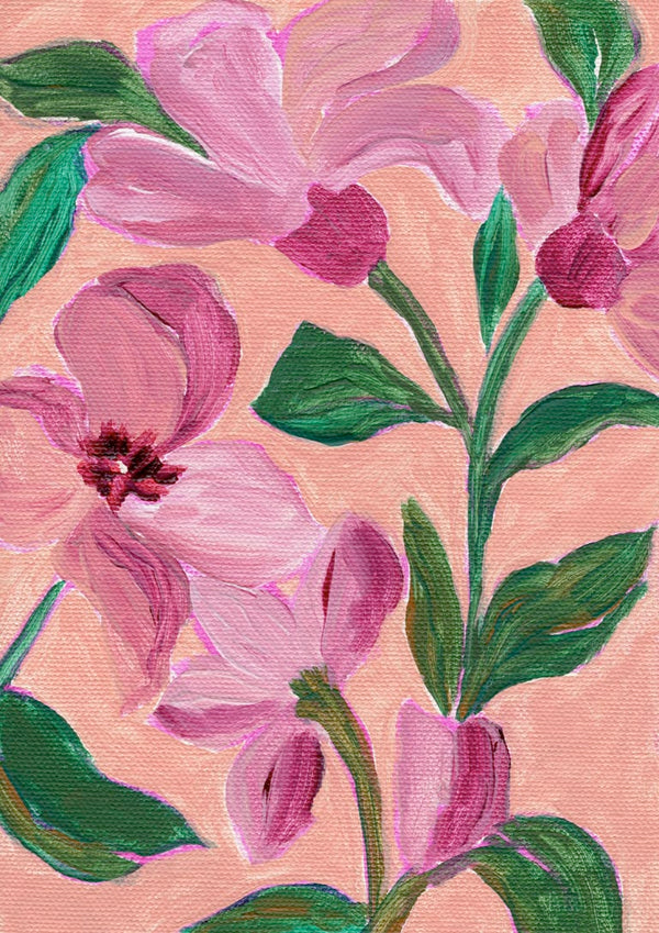 Painting of pink flowers with bold green leaves on a soft peach background.