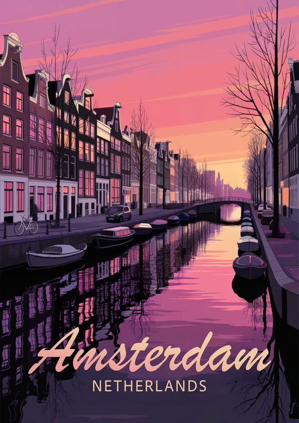 Illustration of Amsterdam’s canal houses and boats at sunset, with “Amsterdam Netherlands” text below.