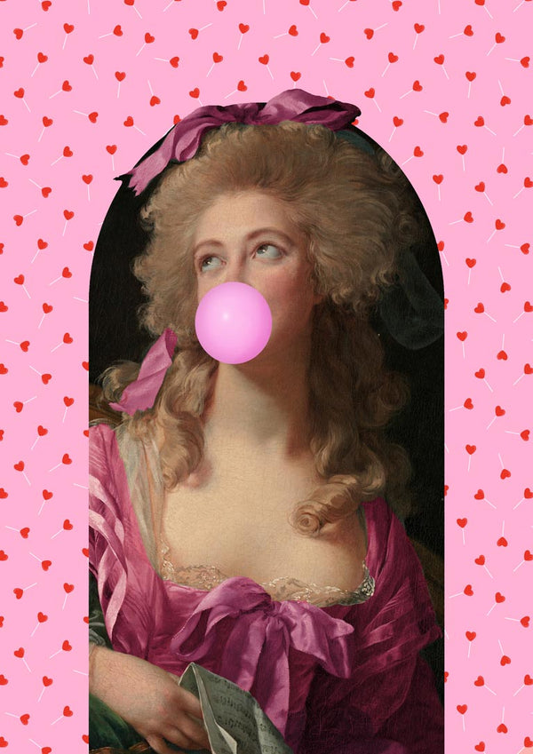Classical woman in a pink dress blows bubblegum against a pink, heart-patterned background for Lollipop Girl.