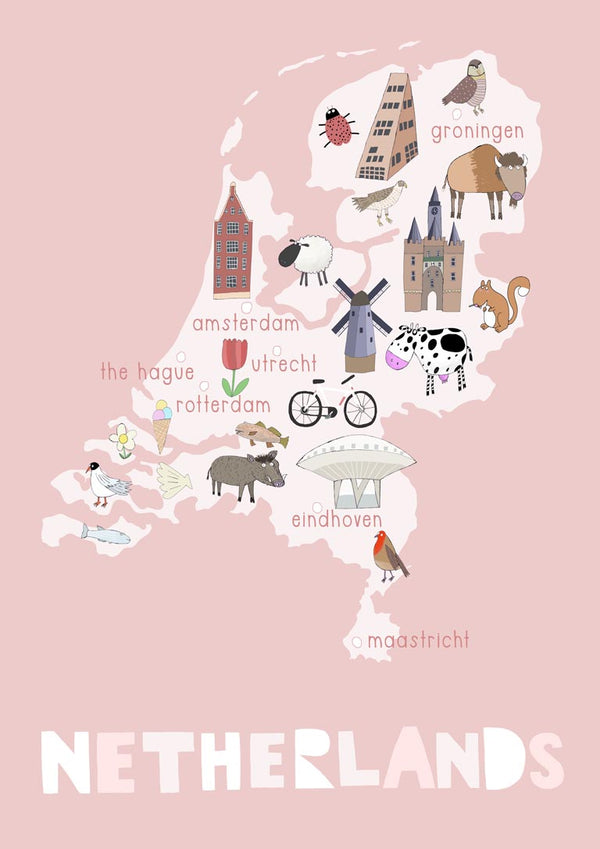 Illustrated map of the Netherlands with landmarks, animals, and cities on a pink background; "NETHERLANDS" below.