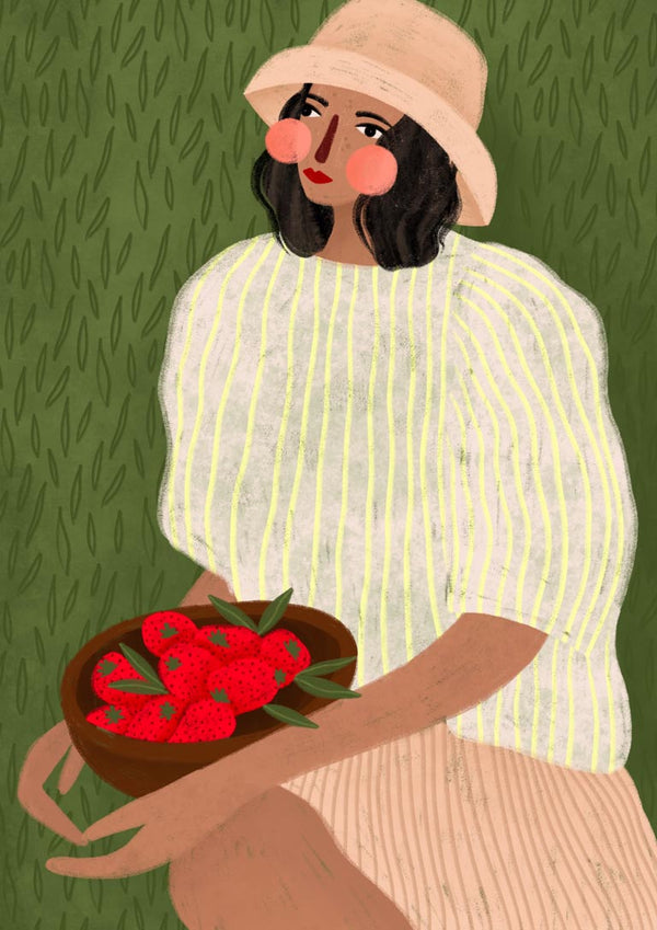 Illustration of a woman in a hat holding a basket of strawberries, from Woman with Strawberries by Bea Muller.