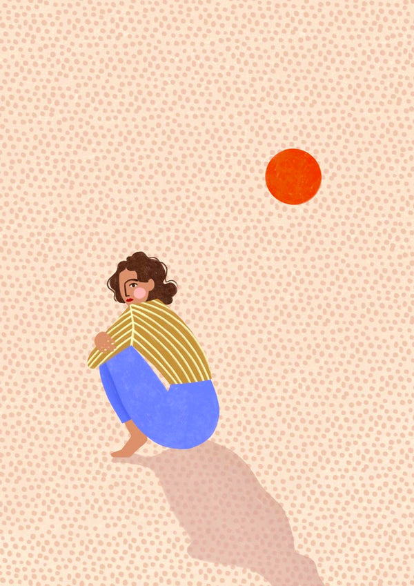 Artwork for Alone by Bea Muller, showing a person sitting alone with a red sun overhead on a dotted background.