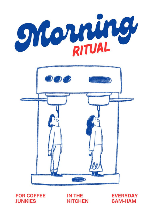Illustration of two people standing under a coffee machine, titled "Morning Ritual" for coffee lovers.