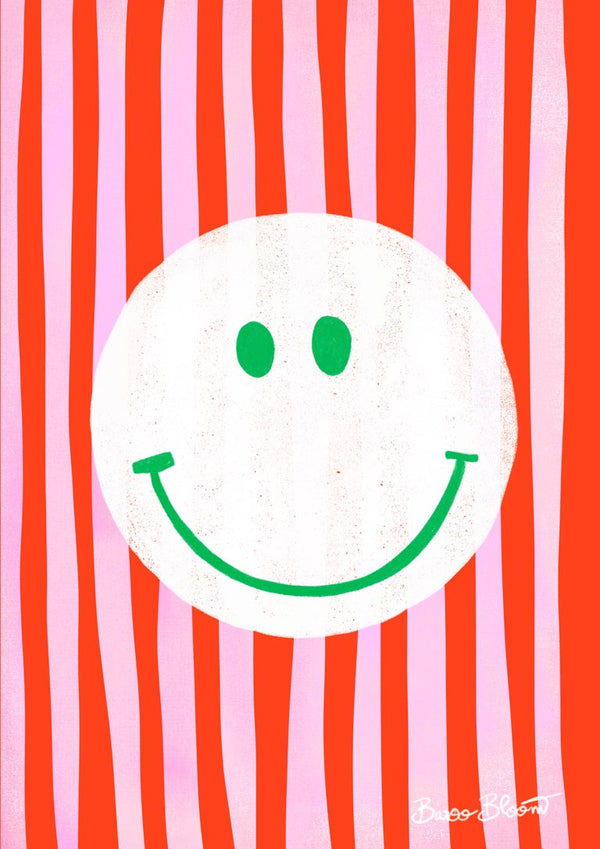 Pink Smiley In Stripes by Baroo Bloom: White smiley face with green features on pink and red striped background.