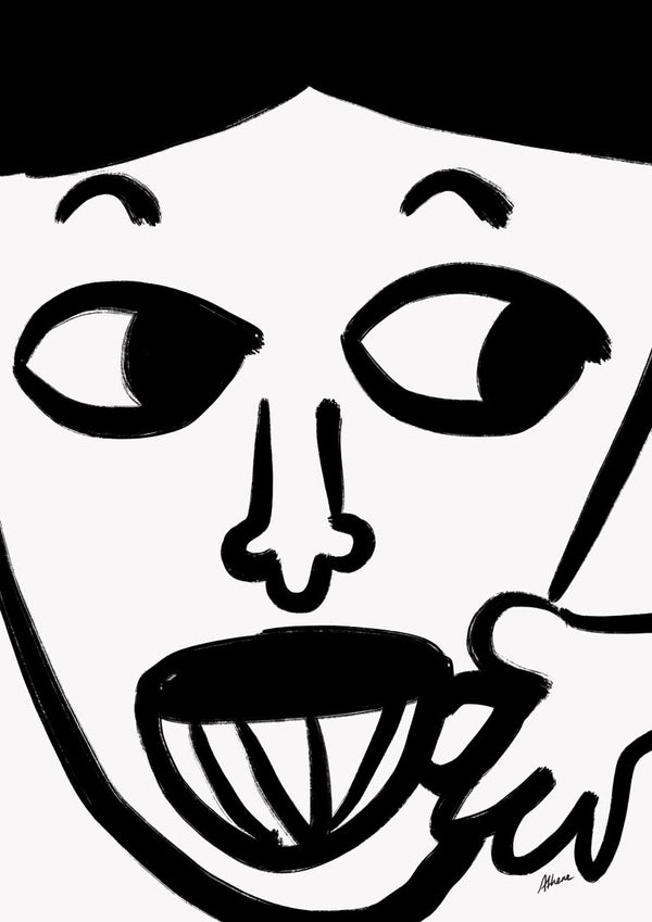 Abstract black and white illustration of a person sipping from a cup, representing enjoying Morning Cup.