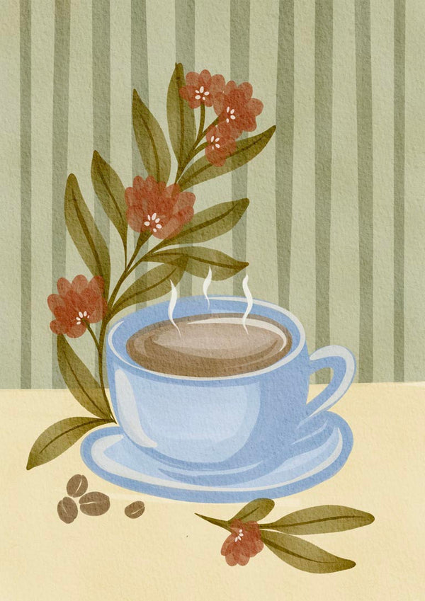A steaming cup of coffee in a blue cup with floral accents and coffee beans, perfect for Coffee time.