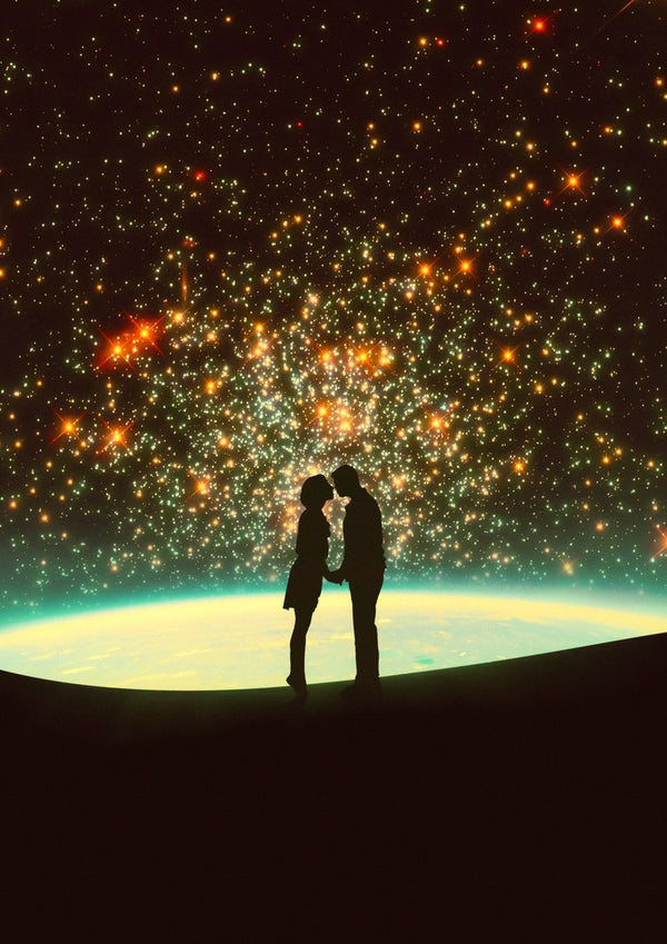 A Cosmic Kiss by Taudalpoi, two silhouetted lovers before a glowing amber star cluster