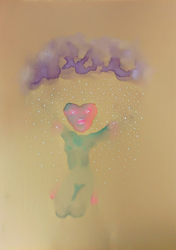 Sweet by Alice Ruja — a kneeling mint-green figure with a coral heart for a head, under a lilac cloud raining white dots.