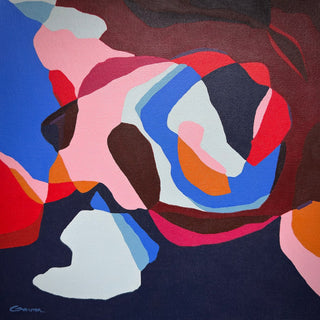 Cave by Elva Garma - abstract interlocking shapes in cobalt blue, blush pink, maroon and red on a navy ground