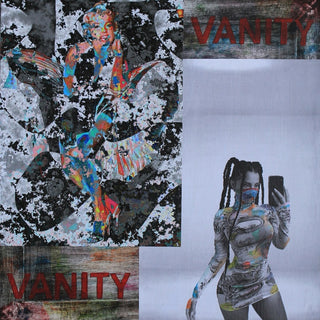 Vanity Marilyn by Kaiser - a fragmented Marilyn Monroe beside a braided woman taking a mirror selfie, with VANITY in red