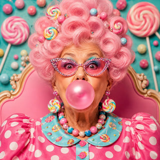 Pink Attitude by Devour Art - an older woman blowing a bubblegum bubble in rhinestone cat-eye glasses