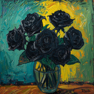 Midnight Bouquet by Devour Art - nine black roses in a glass vase against a teal and yellow impasto ground