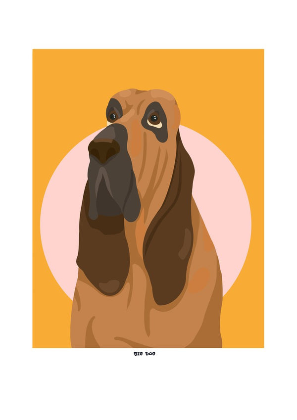Big Dog by Jakob Falkenberg - a bloodhound on an orange panel with a pale pink circle behind its head