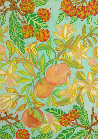 Mandarini e corbezzoli by Maria Emanuela Fiori - mandarins, blossom and strawberry-tree fruit on pale mint