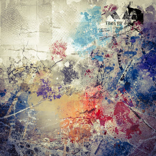 Tiles Forever by Dada - blue half-tone dots and red splashes across a cracked grey-beige ground