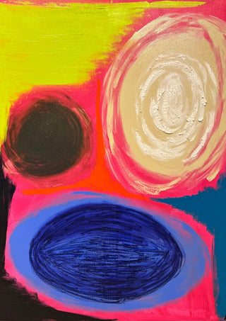 Beyond Elsewhere by Laura Notari - brown circle, cream spiral and navy oval on hot pink and neon yellow
