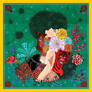 Miss Baghera by Lucrezia Solena - woman crowned with dahlias surrounded by leopards, a panther and a tiger on green