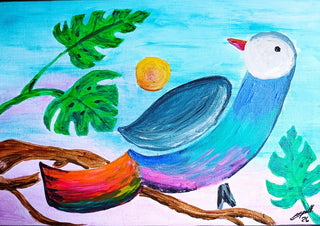 Der Vogel, der Farben sammelte · The Bird Who Collected Colors by ELIZA Leopold - blue bird with a rainbow tail on a branch among monstera leaves