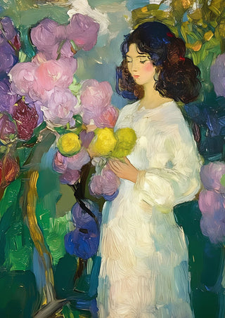 Girl with Yellow Flowers by Elena Avanesova - dark-haired girl in white holding yellow flowers among lilac and pink blooms