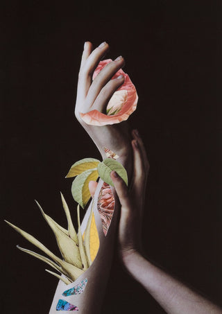 Hypnopompic by Rocio Montoya - pale hands holding a pink rose with leaves growing from the wrists