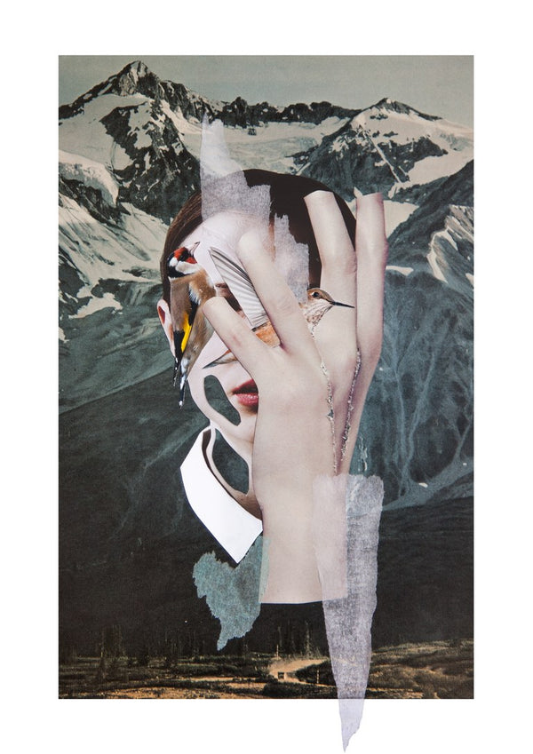Birdie by Rocio Montoya - woman's face hidden behind a hand and birds before snowy mountains