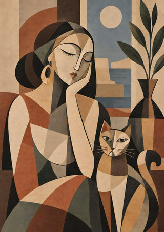 Geometric Woman & Cat – Earthy Cubist Harmony by TimlessArtworks - cubist woman with cat by a moonlit window