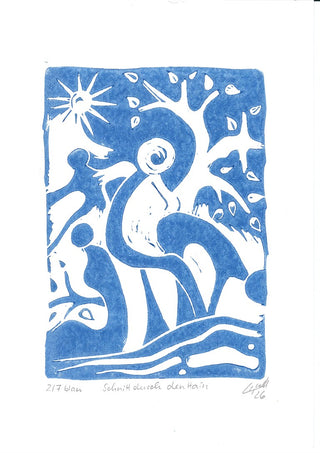 Schnitt durch den Hain · Cut Through the Grove by ELIZA Leopold - blue linocut of a sun, a tree and wavy lines