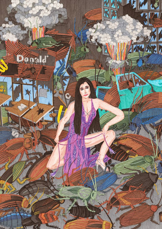 The only things that will be left after a nuclear holocaust are cockroaches and Cher by Daukantė - woman in a purple sequin dress on wreckage above cockroaches