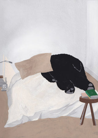 Dream department by Jaron Su - black bear asleep on a white bed