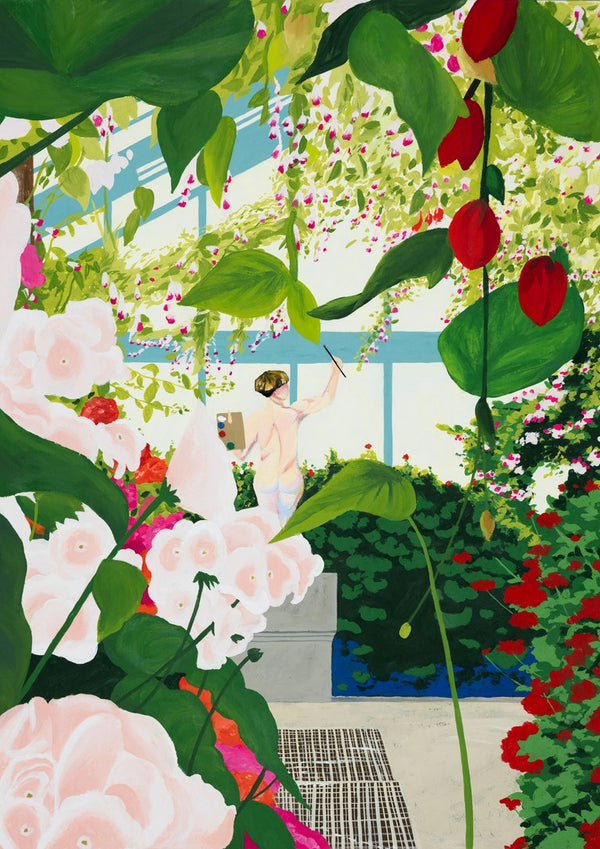 Artist paints in naked workshop by Jaron Su - painter at work in a glasshouse full of flowers
