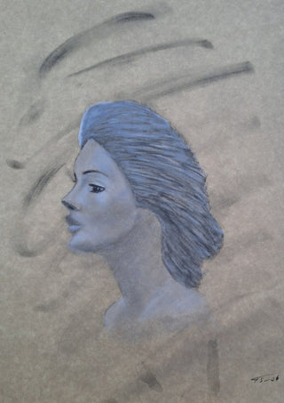Blue Profile by Allheartsportraits - charcoal profile of a woman with swept-back blue-grey hair on grey